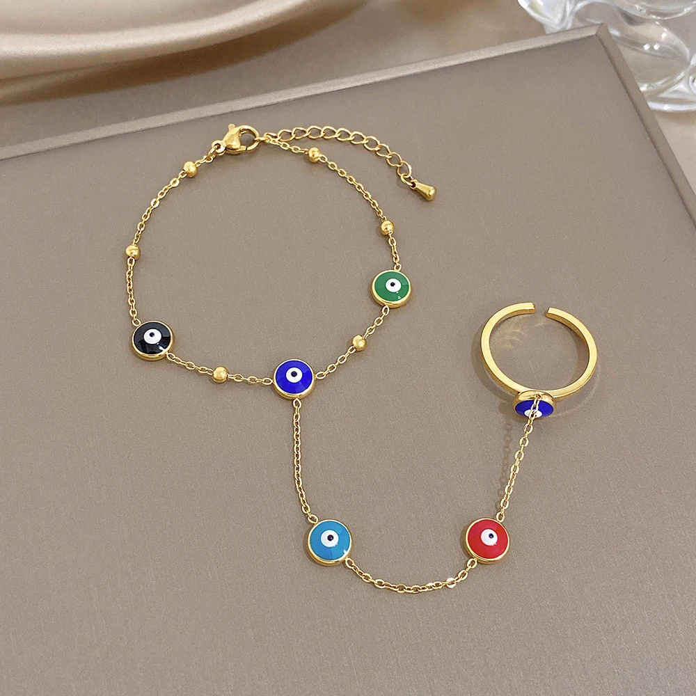 Pulsera Boho Colorida con Cuentas de Ojo Turco para Mujer, Anillo de Dedo Conectado de Acero Inoxidable Chapado en Oro, Joyería de Mano
