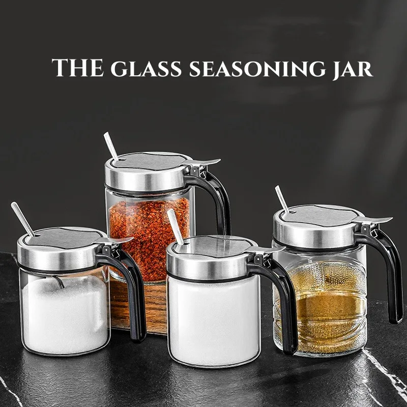

1Pcs Glass Seasoning Jar Stainless Steel Lid With Spoon Condiment Bottle Salt Shaker Kitchen Supplies Storage Set Spice Boxes