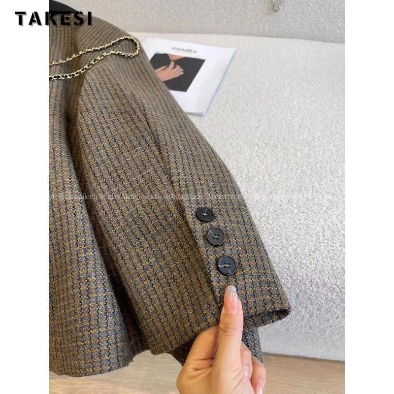 Women Office Lady Style Patchwork Notched Collar Long Sleeve Loose Blazers 2023 Autumn Winter Vintage Casual Houndstooth Suits