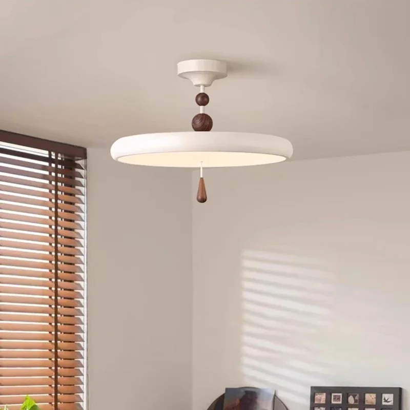 Round Ceiling Lamp Solid Wood Bead Decoration Cream LED Ceiling Light Bedroom Entrance Balcony Home Decor Lighting