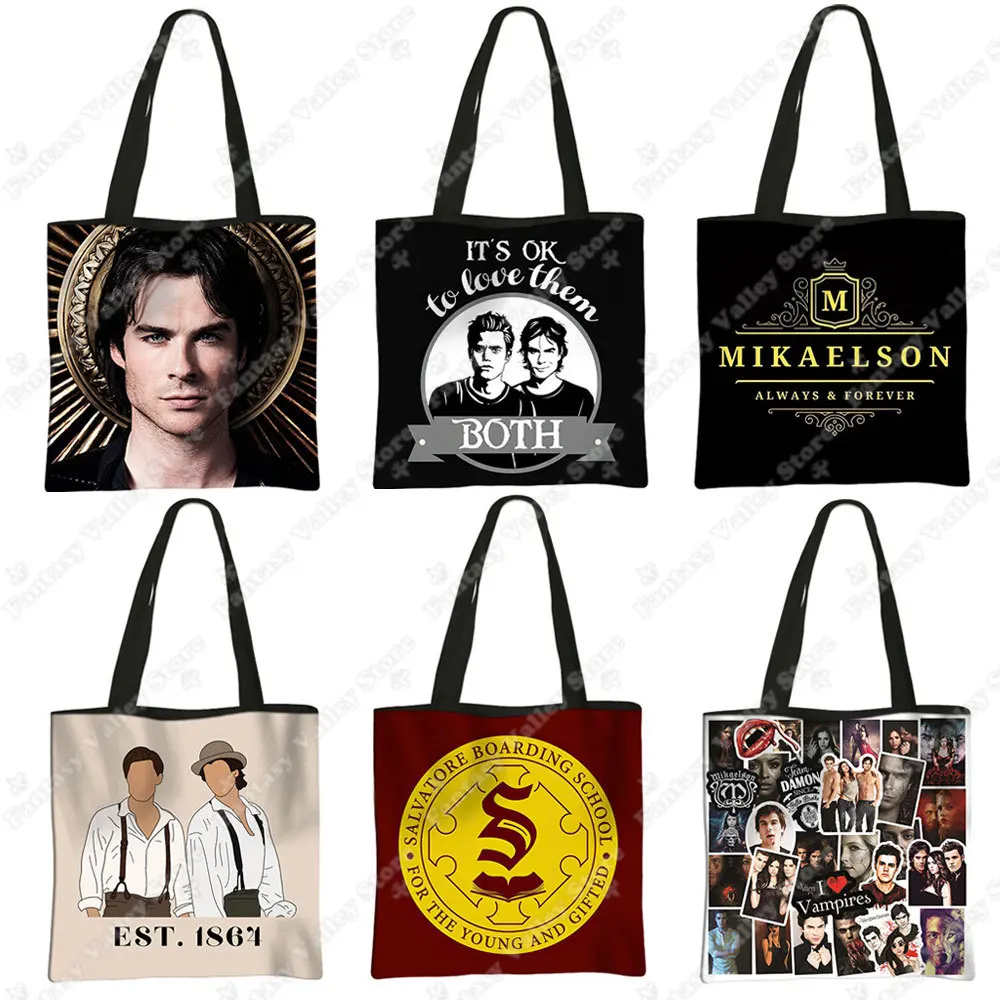 O vampiro diários impressão saco de compras equipe damon mulher bolsa tvd grande capacidade sacos de compras reutilizáveis saco de compras presente