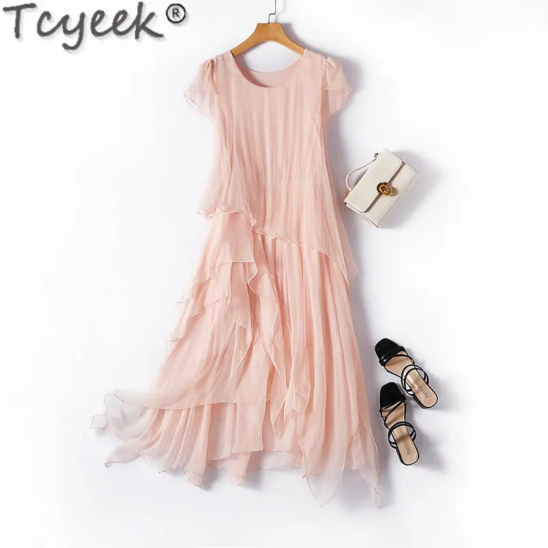 Tcyeek-Vestidos elegantes para Mujer, a la moda ropa De verano, Midi, informal, seda De morera, 23, 100%