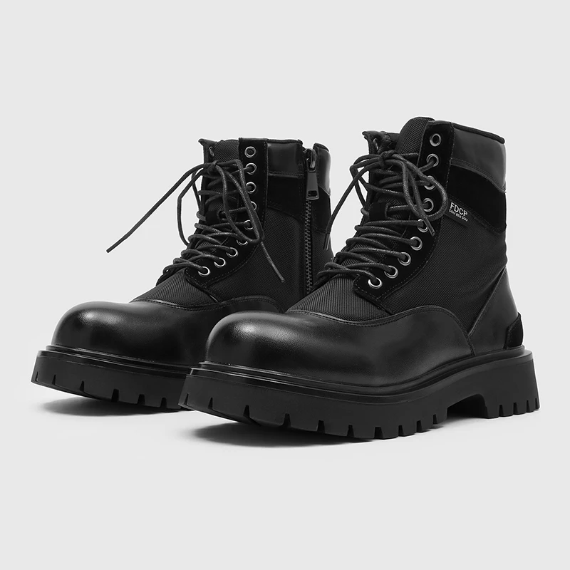 Men Spliced Thick Soled High Top Work Boots Side Zipper Gear Sole Outdoor Wear-resistant Height Increasing Fashionable Boots