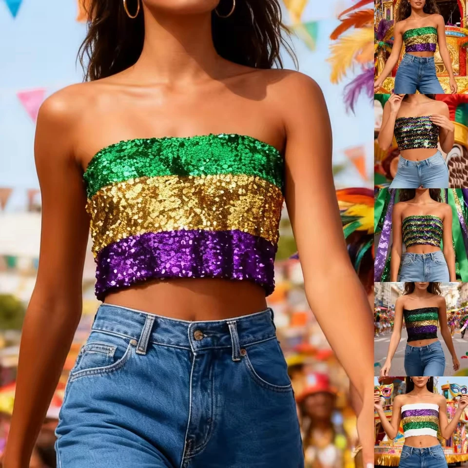 Women Carnival Sexy Sequin Strapless Vest Top Party Performance Bandeau Vest Backless Tops For Women Wrap Chest