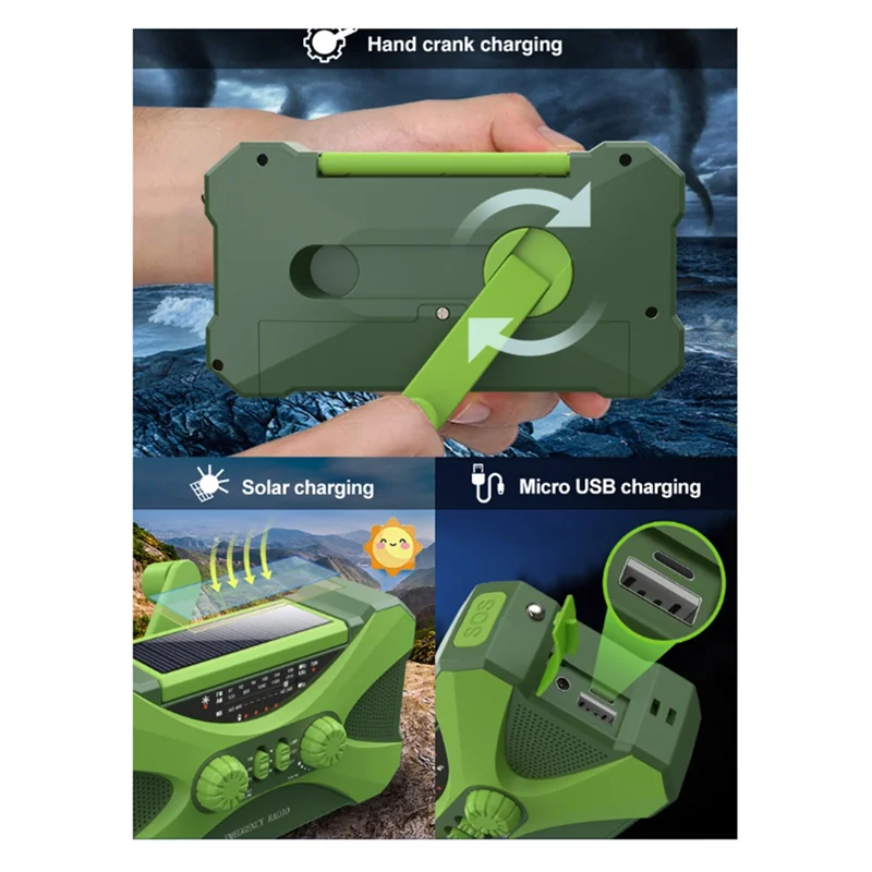 

Аварийное радио на 5200 мАч, портативное радио на солнечной батарее с зарядным устройством для телефона, светодиодный фонарик, уличный аварийный радиоприемник-B60B