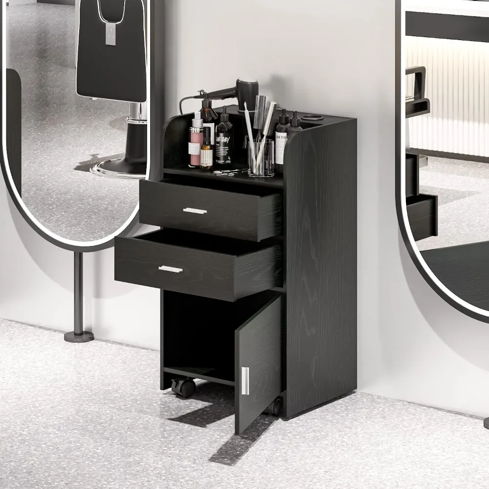 Salon Trolley, Black Salon Station Storage Cabinet on Wheels, Salon Table, Stylist Storage Cabinet with 2 Hair Dryer Holders