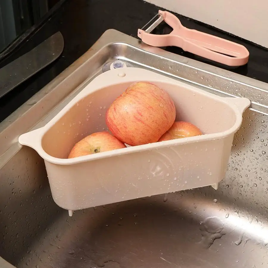 Triangle Kitchen Sink Drain Basket With Suction Cup Hanging Corner Strainer Food Scrap Fruit Peel Sponge Cloth Storage Organizer