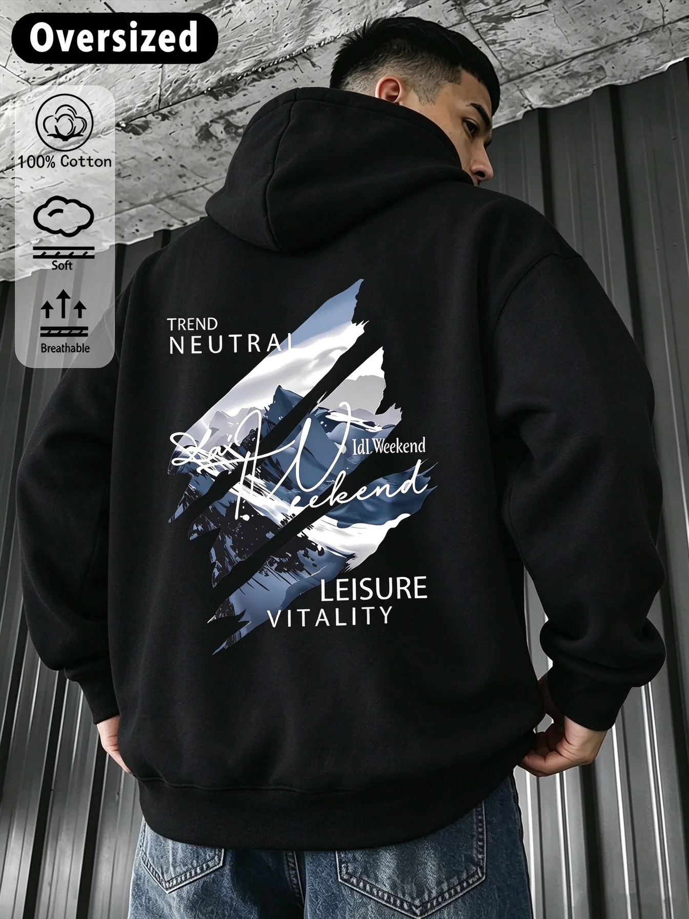 Men Oversized casual Hooded Sweatshirt Abstract Mountain Leisure Vitality Pattern Casual Pullover Sports Hoodie Autumn Winter