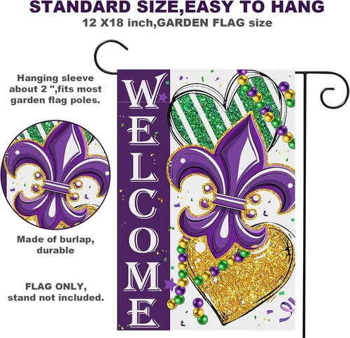 12 X 18 Inches Mardi Gras Welcome Garden Flag - Double Sided Vertical Striped He 7445024451460 YYZ