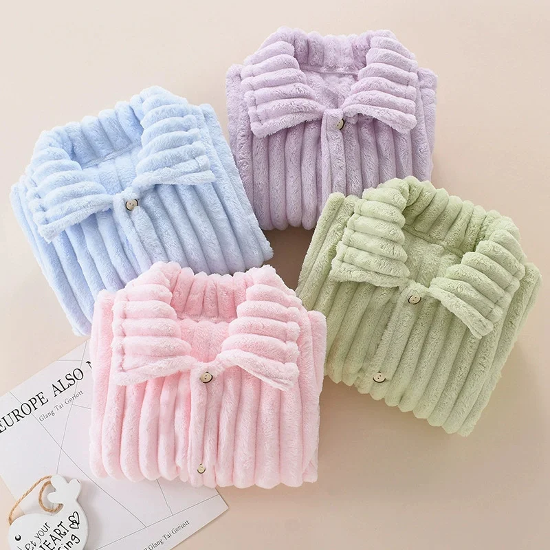 Kids Fleece Sets Boys Girls Winter Thick Suit Autumn Warm  Flannel Pajama Outfits Kids Lapel Tops Pants 2Pcs Children Clothing
