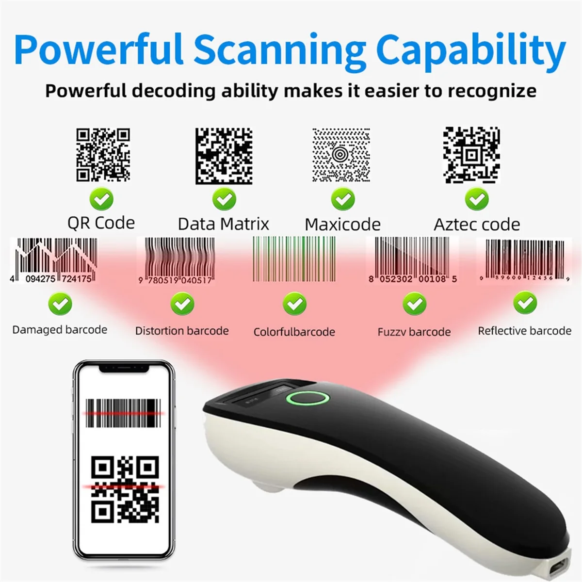 Barcode Scanner HBA-W6 Wireless 1D/2D CMOS Scanner USB Bluetooth Mini Pocket QR Reader for IOS Android Windows(Black)