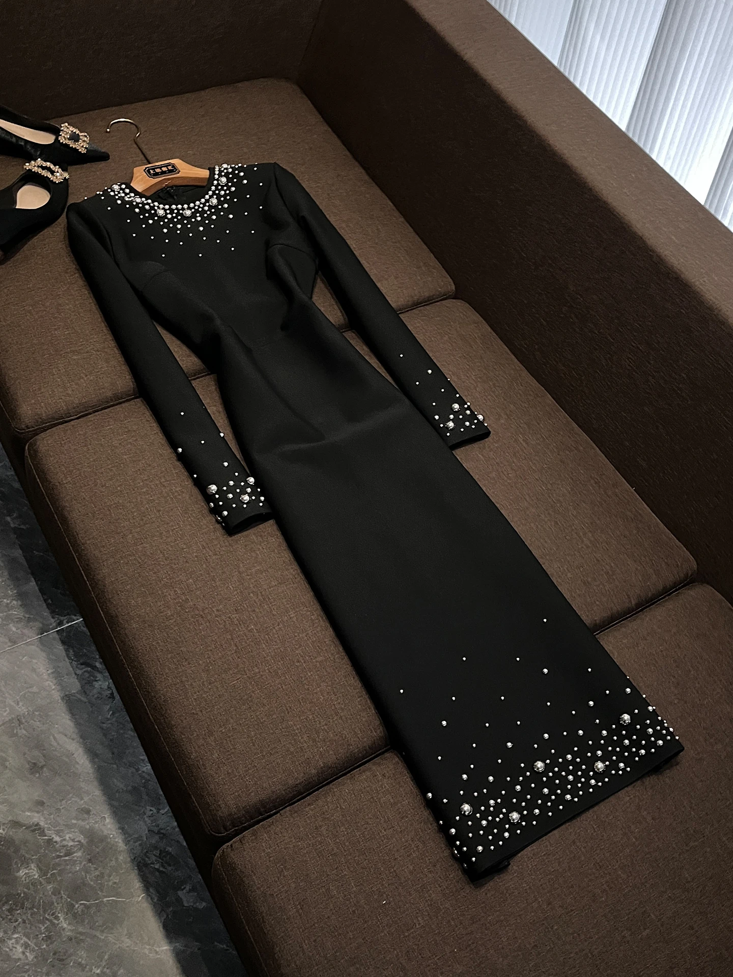 

Ele Bla Beaded Long Sve Slim Fit Women's Dr Waist Cinched Slimming Evening Gown Luxury Sle A-Line Skirt