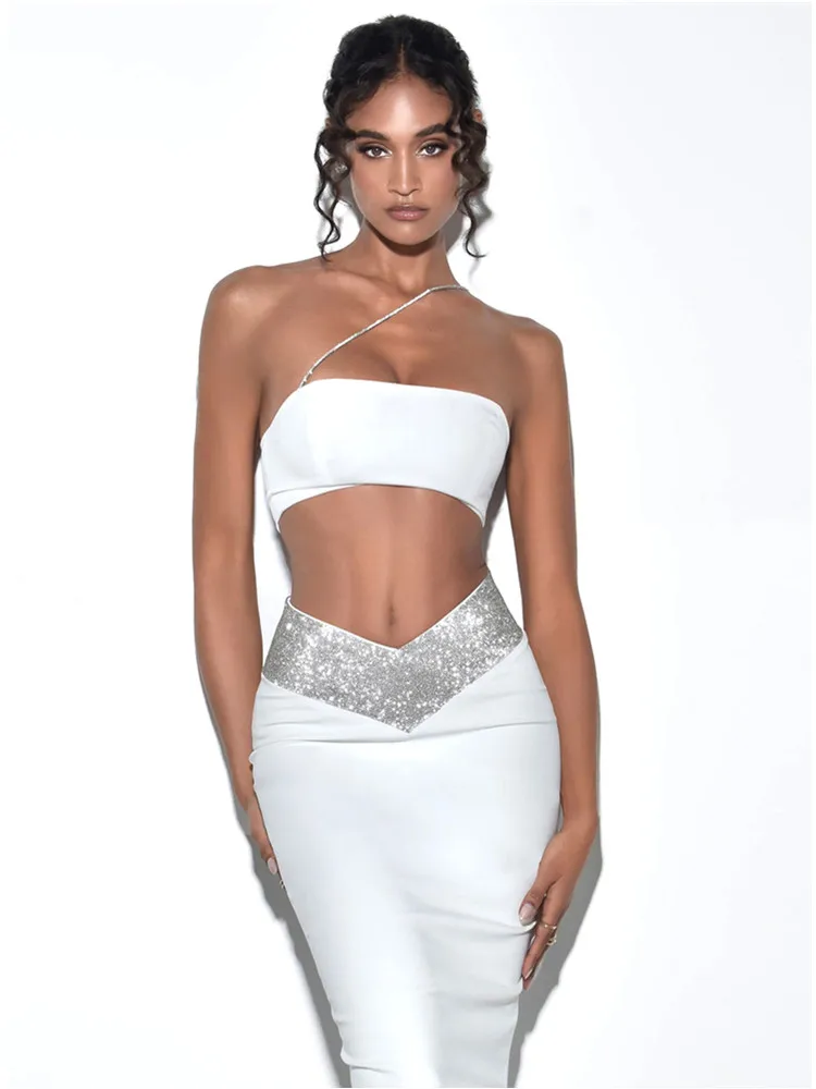 Women Summer Sexy One Shoulder Crystal Diamonds White Black Two Piece Long Bandage Set 2022 Celebrity Evening Party Women\'s Set