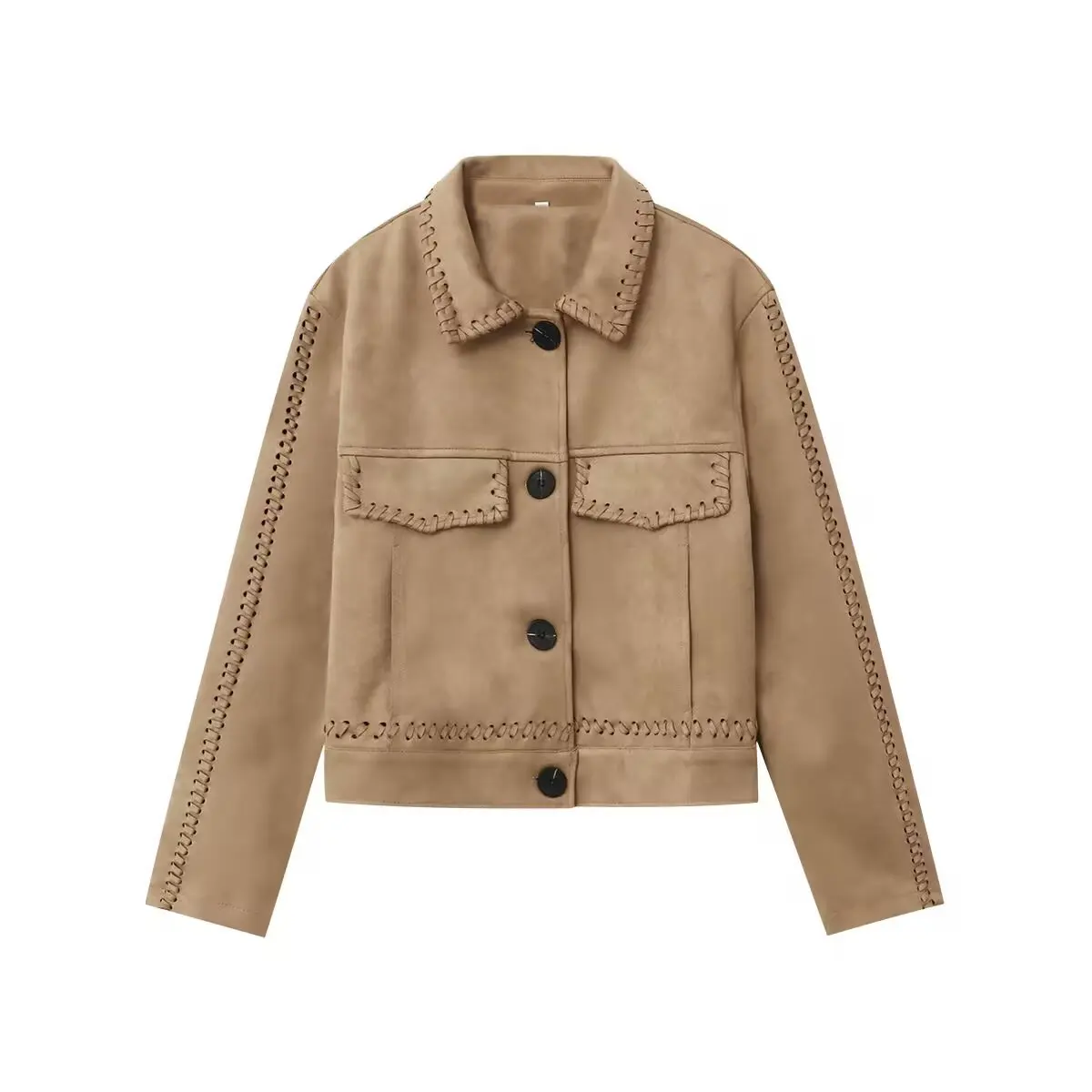 

Women's Suede Jacket Long-Sleeved Lapel European American Style Autumn Decorative Detail Woven Top for Women