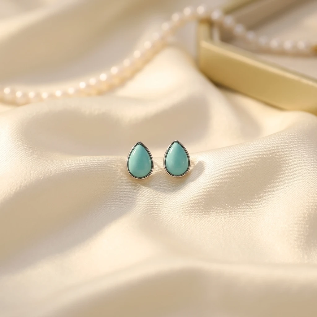 Trendy 2026 Ins S925 Silver Natural Turquoise Teardrop Stud Earrings Basic Anti-Tarnish Bezel Setting Ear Cuff Classic Jewelry