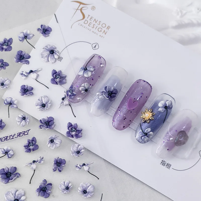 Charme lila Blume 5d weich geprägtes Relief selbst klebende Nail Art Dekorationen Aufkleber hochwertige 3D-Maniküre Aufkleber Großhandel