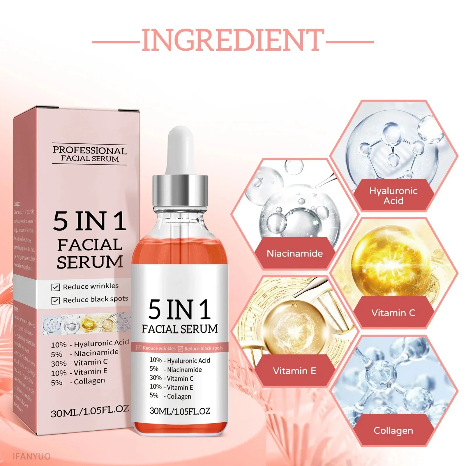 5 In 1 Fade fine lines Firming Face Serum Moisturizing brightning Vitamin C Hyaluronic Acid Facial Serum Shrink Pores Skin New