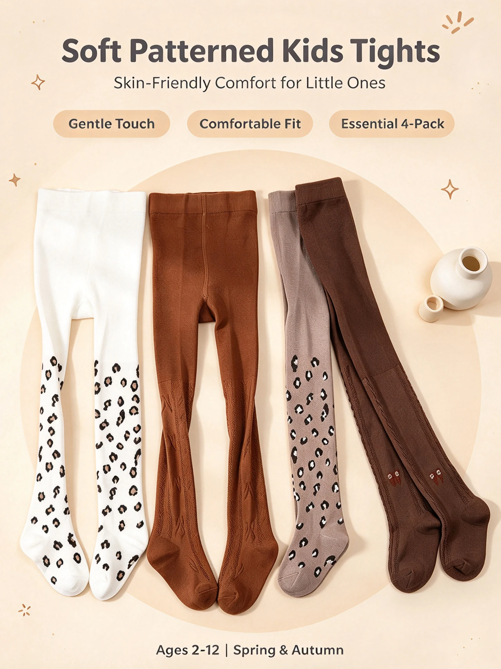 4Pairs Girls Cable Knit Tights for 2-12Y, Retro Leopard Print Solid Kids Pantyhose, Soft Stretchy Leggings, Autumn Daily Outfit