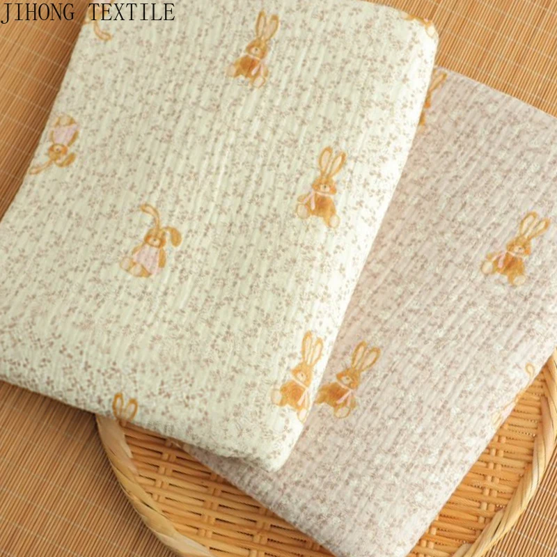 

100% Cotton Crepe Rabbit Doll Pattern Fabrics Double Layer Gauze Baby Breathable Floral Cloth Sewing Pajamas,Bedding,Hair Ring