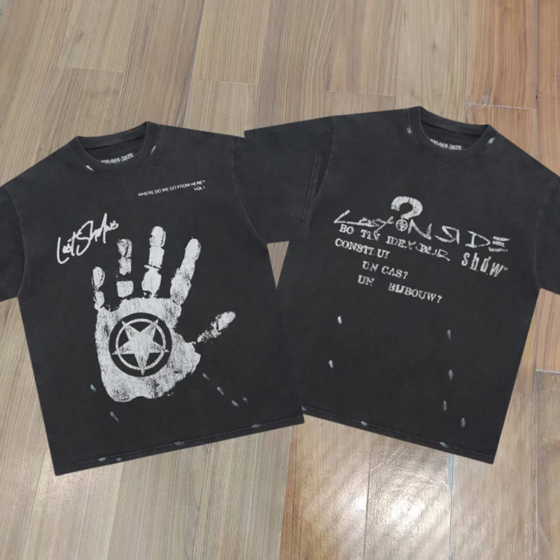 

Simple Style Black LOST SHDWS T Shirt Palm Print Best Quality Cotton Loose Casual Men Women Short Sleeved Tshirt