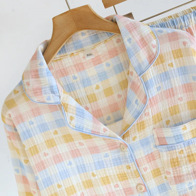 2025 Frühjahr/Sommer Neue frauen Pyjama Set 100% Baumwolle Crepe Kragen Liebe Plaid Langarm Lange Hosen Hause kleidung Set Damen