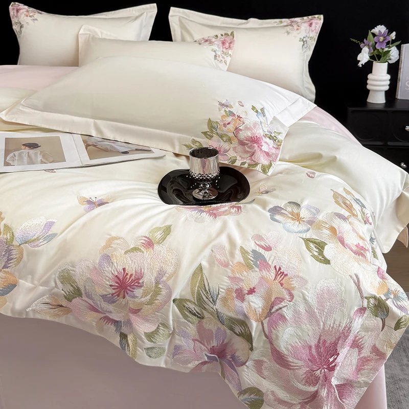 600TC Egyptian Cotton Luxury Bedding Set 4Pcs Floral Embroidery Duvet Cover Set Bed Sheet/Fitted Sheet Pillowcases Home Textile