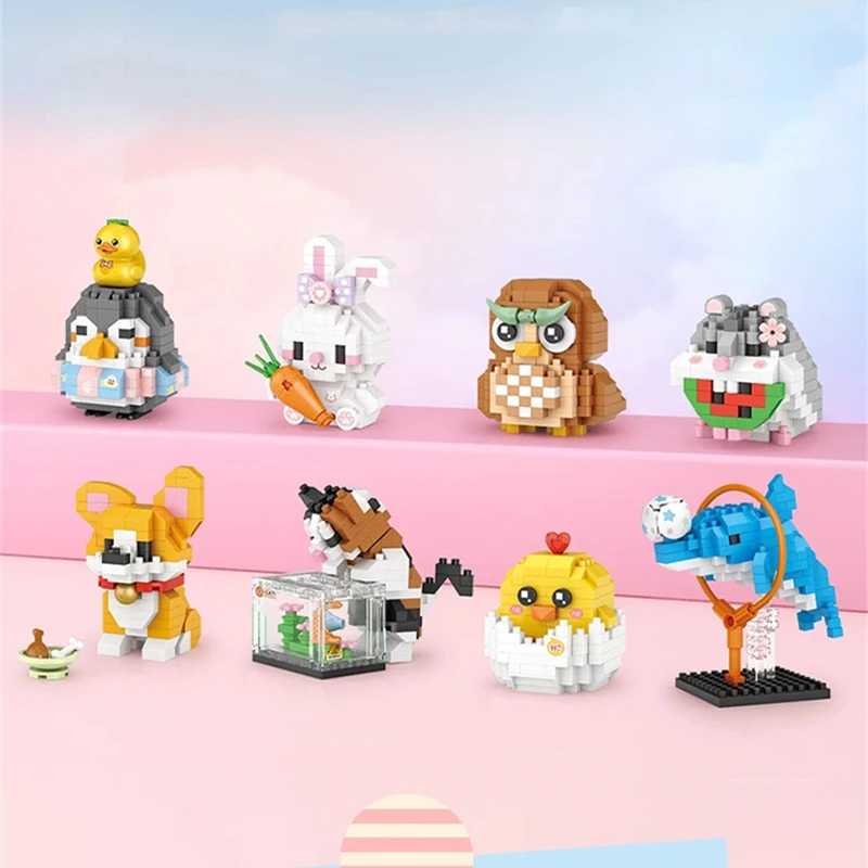 Q version small animal building block assembly model toy cat penguin rabbit hand figurine ornament kawaii birthday gift