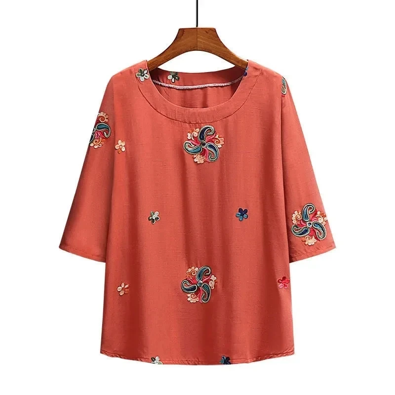 Conjunto de dos piezas para mujer, camiseta de manga corta de algodón y lino con bordado de viento nacional, talla grande, 2 piezas, verano 2024