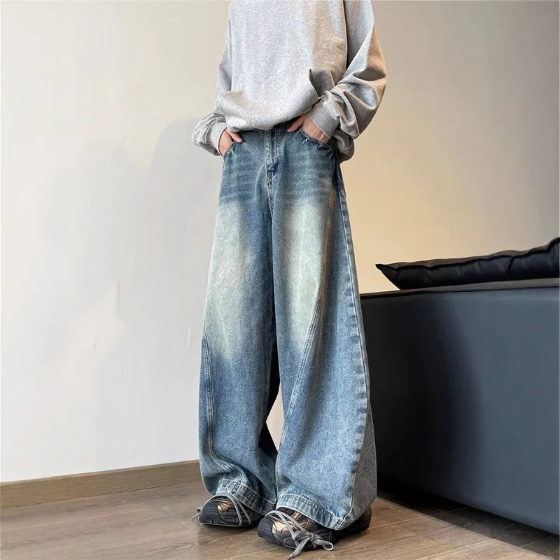 

American Wide-leg Curved Jeans Men Spring Autumn Trendy Brand Long Pants Straight-leg Plus-size Loose Hip-hop Floor-length Pants