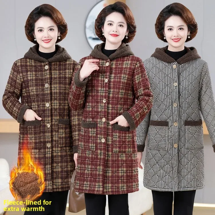 

Thiened Fce Women's Coat Mommy's Autumn Winter Warm Plaid Cotton Jaet with Hood Classic Sle for Middle-Aged And ly