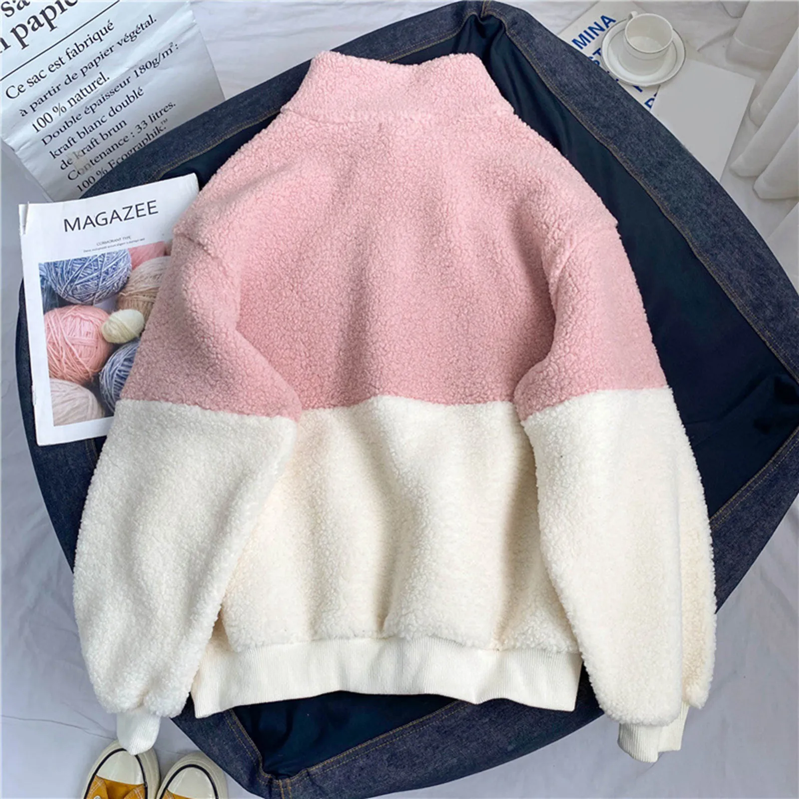 Winter Warmth Polar Fleece Clothes Sweatshirt Harajuku Embroidered Half Zipper Women\'s Loose Pocket Pullover Hoodies Streetwear