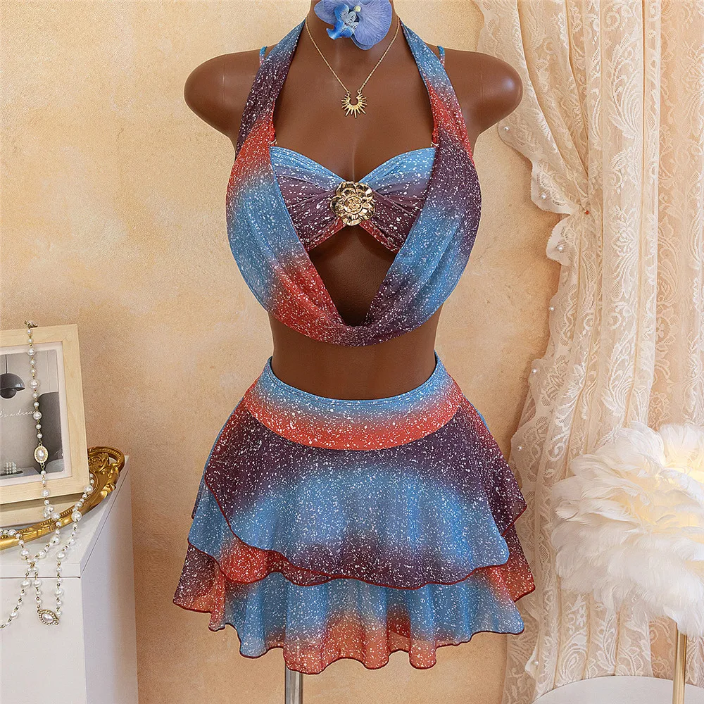 

Blue Gradient Shiny Swimsuit Ruffled Swim Skirt Metal Flower Sexy Bikini Swimwear 2026 Woman Bather Brazilian Bikini Femmes