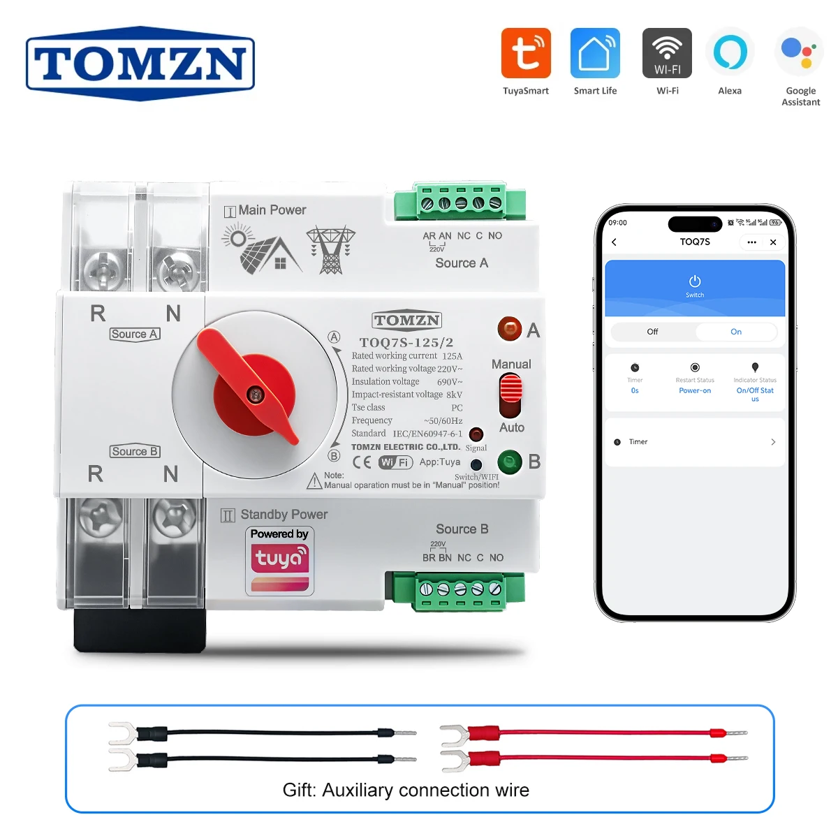 TOMZN TUYA SmartLife WIFI Smart ATS Dual Power Automatic Transfer Selector Switch Uninterrupted 2P 230V 63A 100A 125A