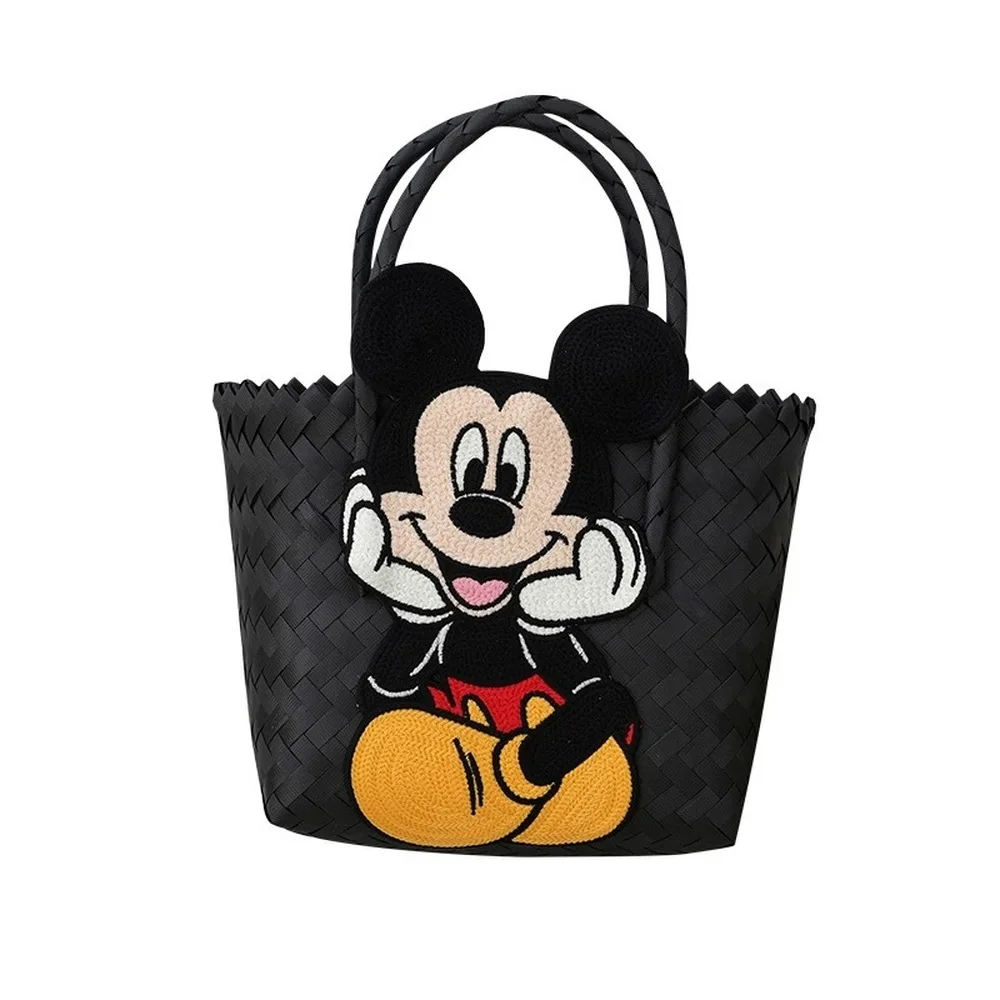 Kawaii Anime Mickey Minnie Figure Basket Woven Bag Ladies Handbag Holiday Leisure Joker Beach Handbag Girl Toy Festival Gift