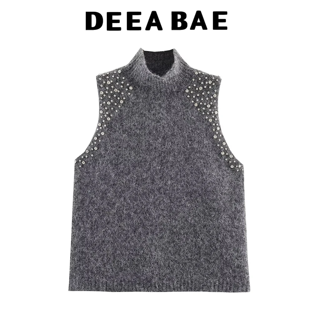 

DEEABAE Winter New Women's Fashion Style Knitted Shirt Stand up Collar Knitted Vest Blended Jewelry Beaded Top