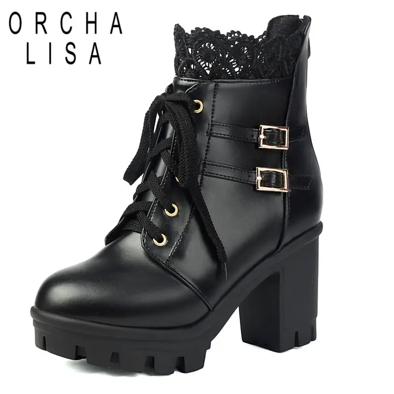 

ORCHA LISA 2025 Милые женские ботильоны с круглым носком на массивном каблуке 9 см. Платформа на молнии со шнуровкой и пряжкой ремня 42 43 Lolita Daily Bota