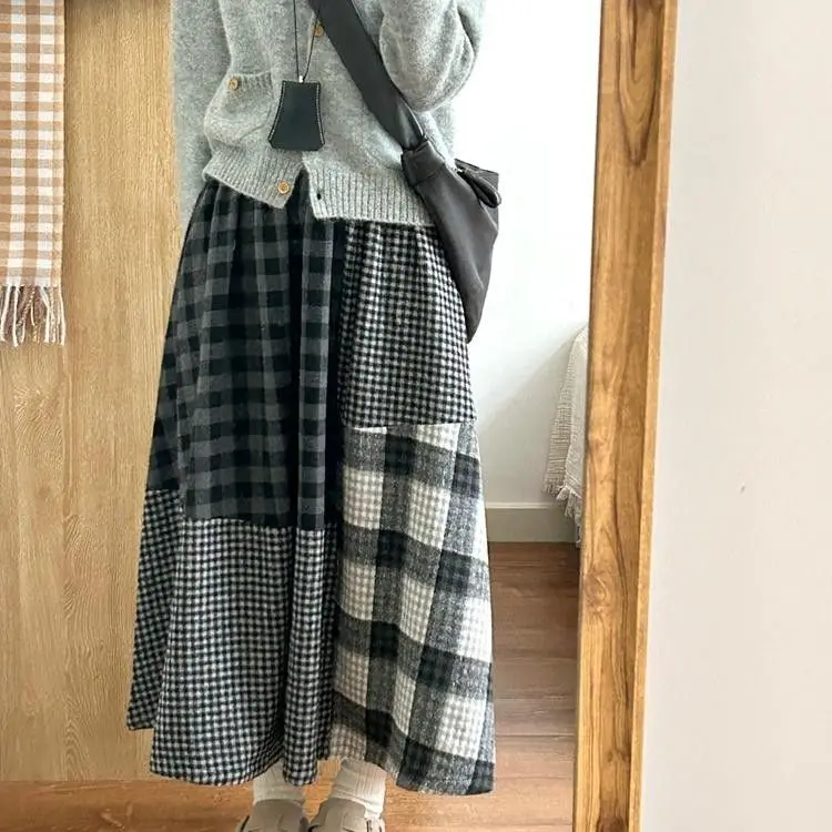 Japanese style irregular A-version heavy-duty spliced woolen elastic waist plaid half skirt  skirts for women  LOOSE  Slim