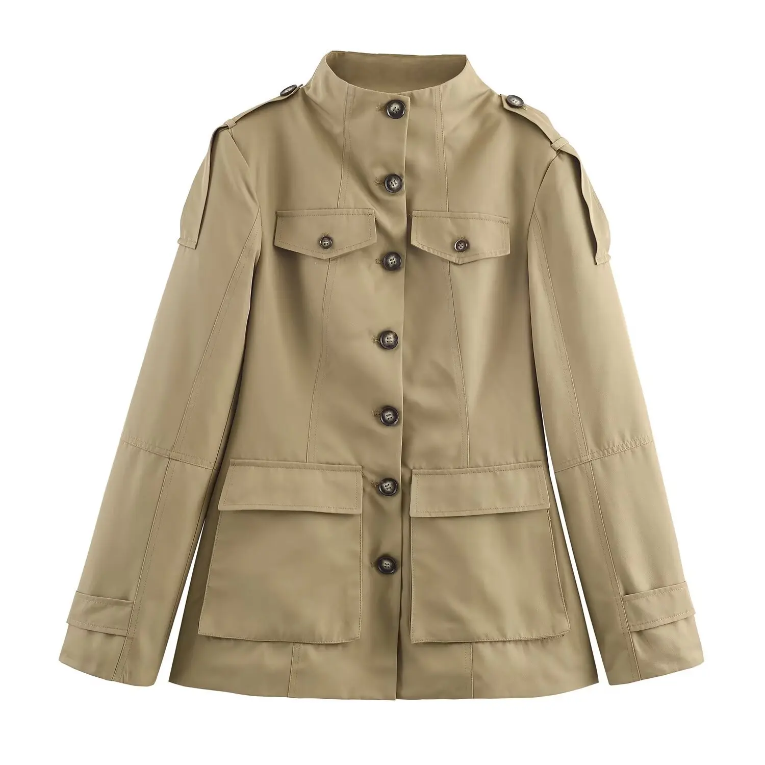 GG Strap Flap Pocketed Stand Collar Jacket Tailored Fit Buttoned 2026 Autumn Edgy Chic Women Outerwear Fashion Elegant Lady Coat