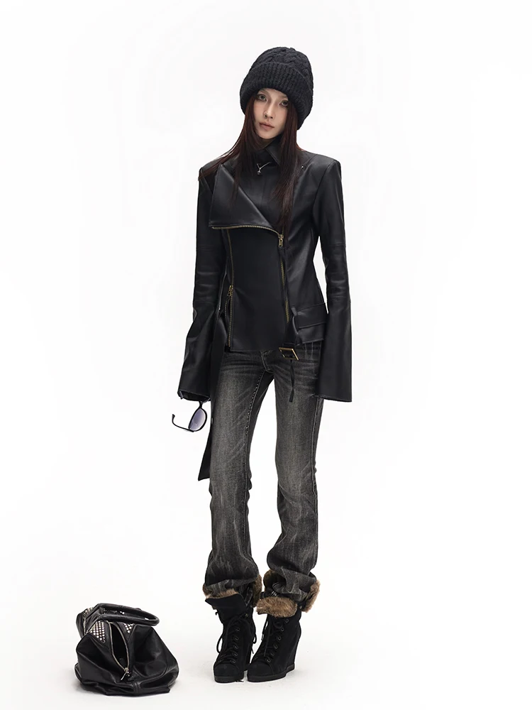 Lautaro Spring Autumn Cool Handsome Soft Black Pu Leather Jacket Women Long Sleeve Double Zippers Luxury Clothes Runway Fashion