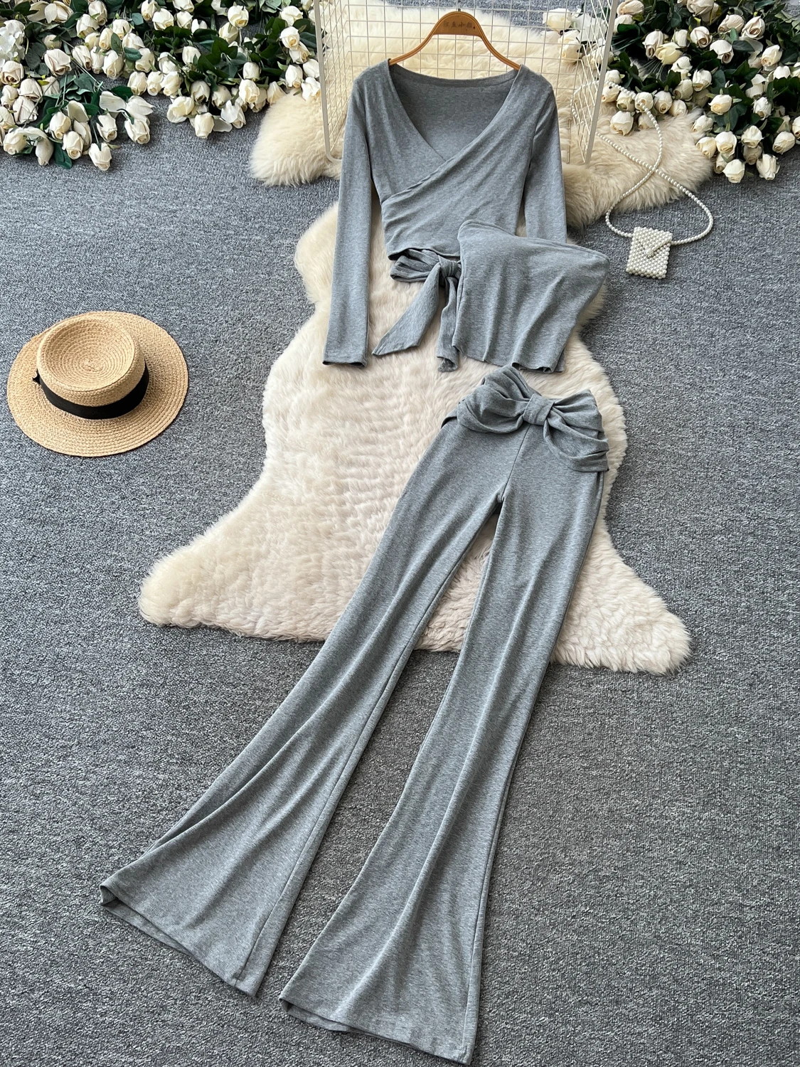 Ladies' Lazy Style Long Sleeve Wrap Top Wide Leg Pants Three Piece Set Autumn Slim Fit High End Feeling Ensemble Fashionable ...