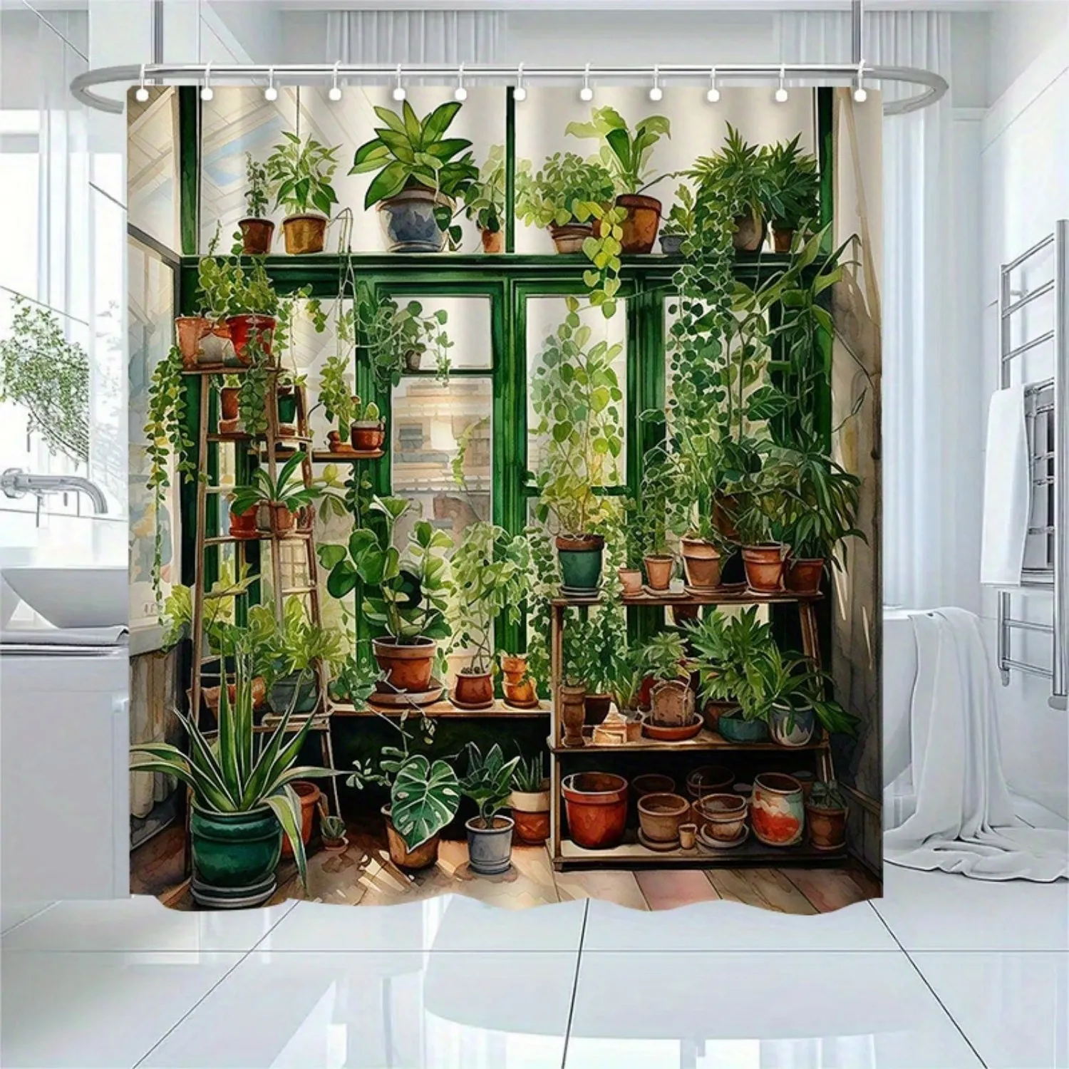 Green House Plant Shower Curtain Indoor Garden Botanical Decor Lush Foliage Bath Curtains for Nature Home