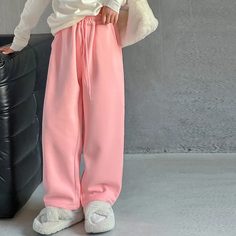 Girls Alpaca Casual Pants 2024 Winter New Style Plus Fleece Thick Loose Straight Leg Long Pants Korean Simple Style Trousers