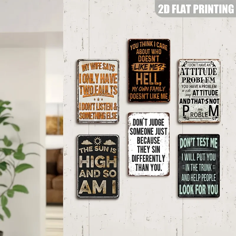 2D Flat, 6pcs 2D Vintage Metal Wall Decor Set with Humorous and Satirical Slogans—Including 