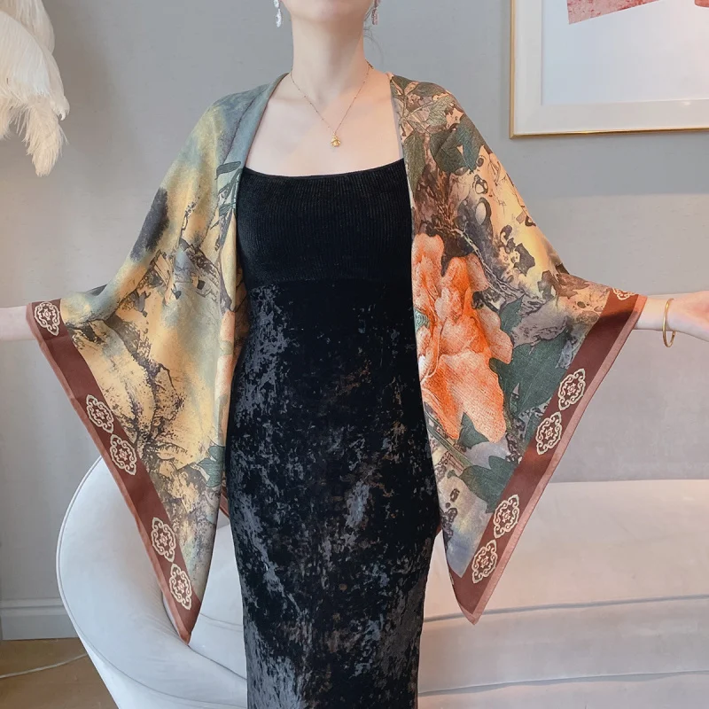 

Квадратный шарф из искусственного кашемира 128x128 см, осенне-зимний теплый шарф для женщин, высококачественная шаль в винтажном стиле.