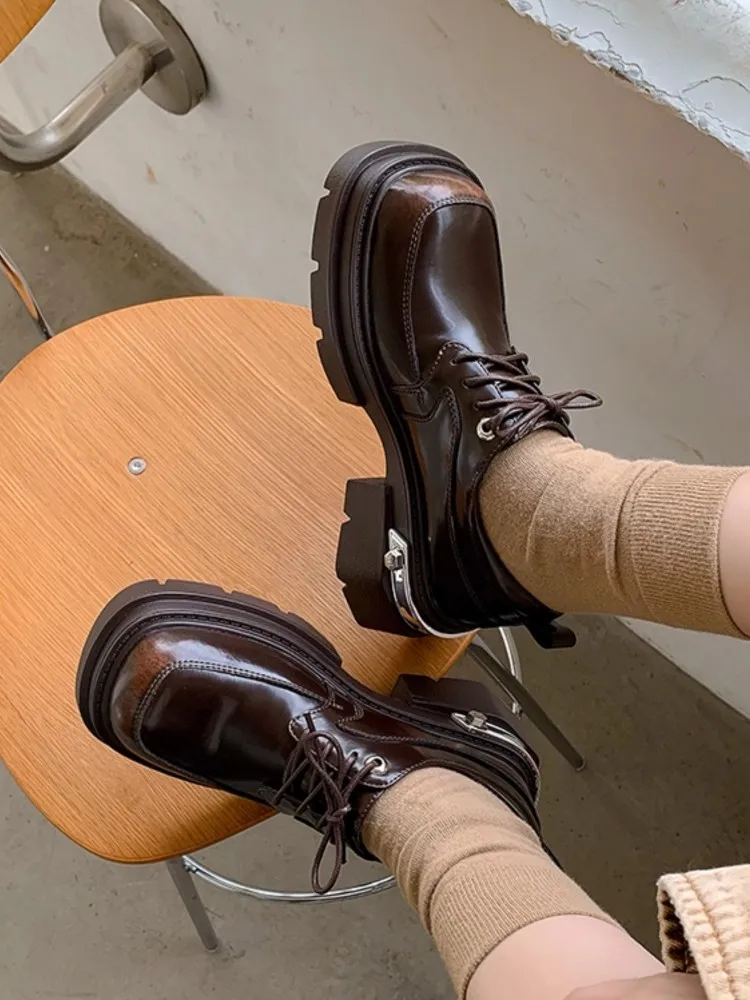 جديد إمرأة خمر جولة تو منصة سميكة 6 سنتيمتر انقسام الجلود أنيقة السيدات موضة مريحة الدانتيل يصل تنوعا أحذية عادية #6