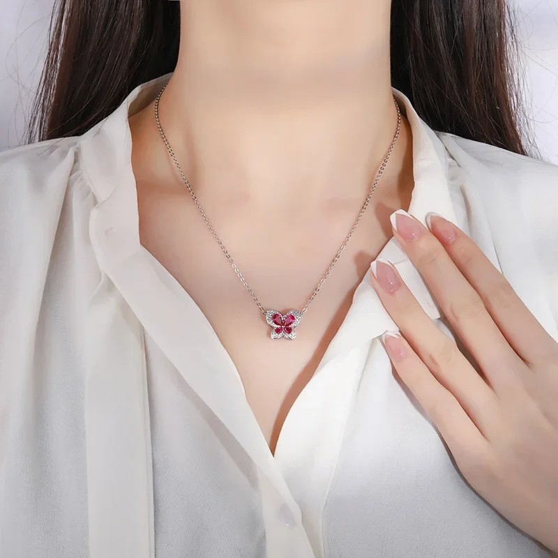 

New jewelry plated with 18K gold Korean version ins trendy red corundum bow necklace pendant cultured gemstone jewelry