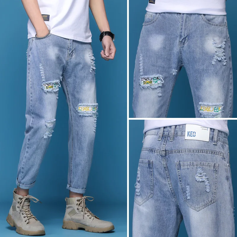 Pantalones vaqueros rasgados para hombre, jeans elásticos personalizados, transpirables, suaves, cómodos, sueltos, combinan con todo, moda urbana de verano