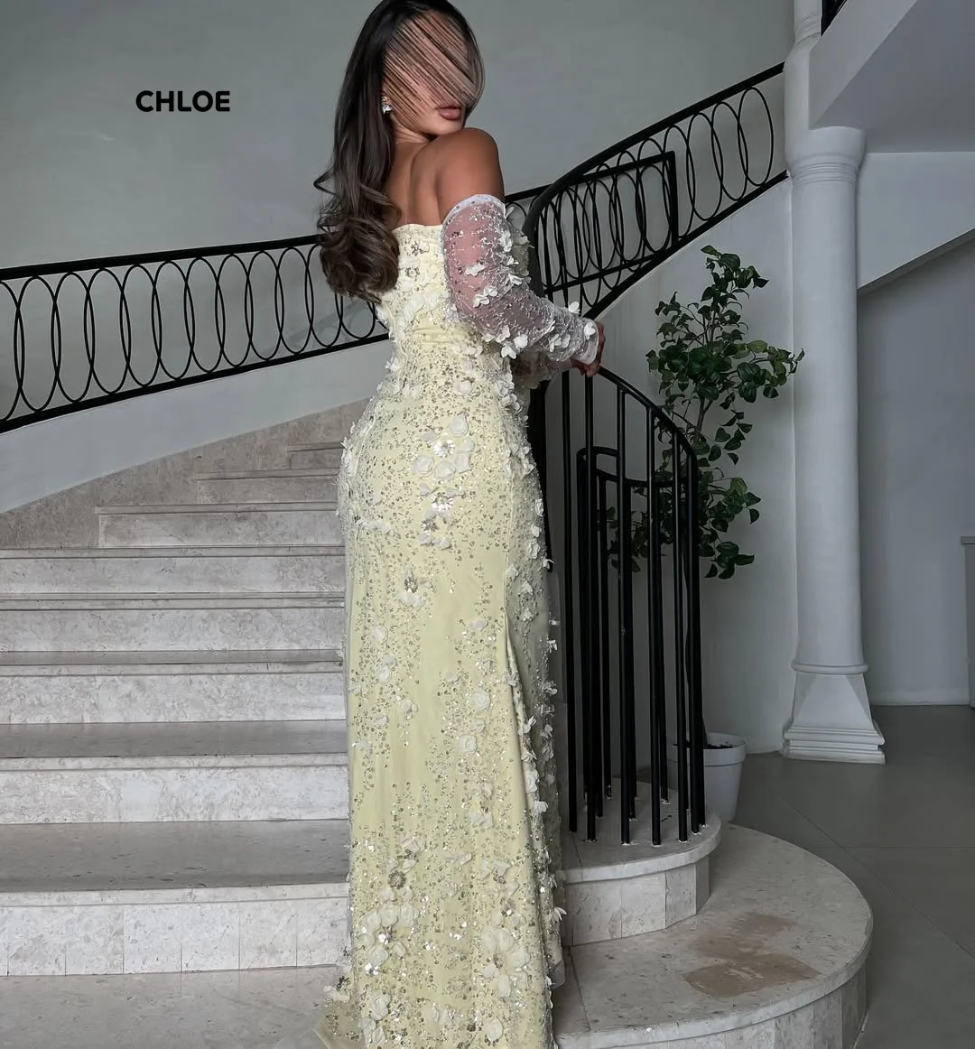 Robes de soirée en dentelle florale femme robes de bal de luxe élégantes 2025 queue de poisson jaune robe de bal pour femmes manches longues personnalisées