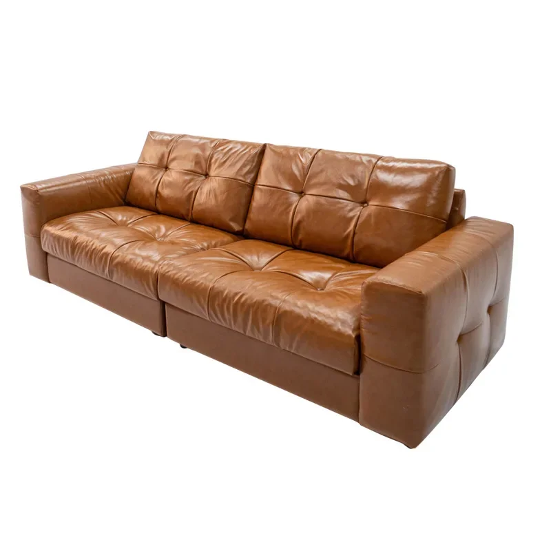 

French retro oil wax leather star sofa living room straight three-person small apartment sofa
