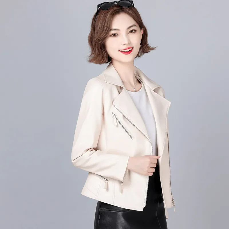 New Women Biker Leather Jacket Spring Autumn Casual Fashion Turn-down Collar Slim Sheepskin Short Coat Split Leather Moto Jacket